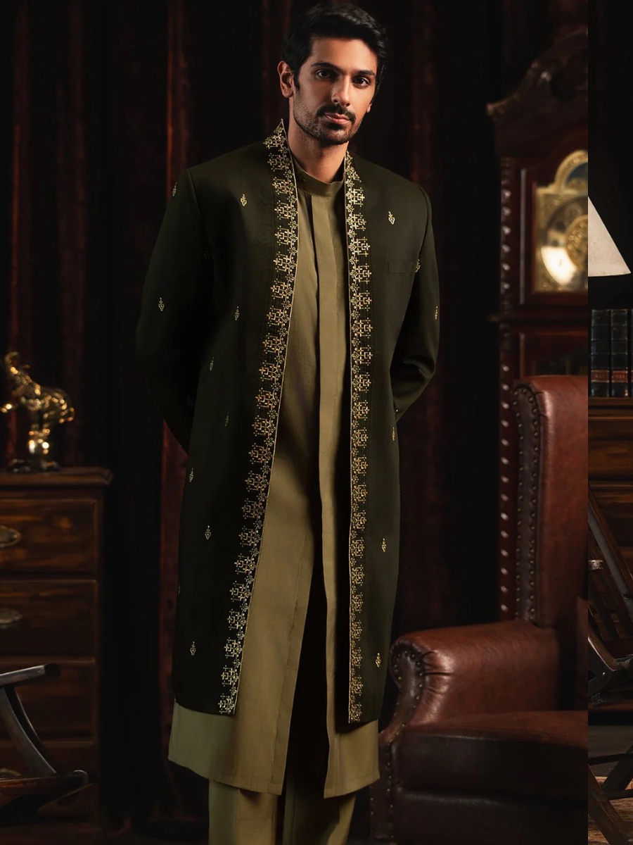 Embroidered Dark Green Sherwani Coat For Men — image 2 of 5